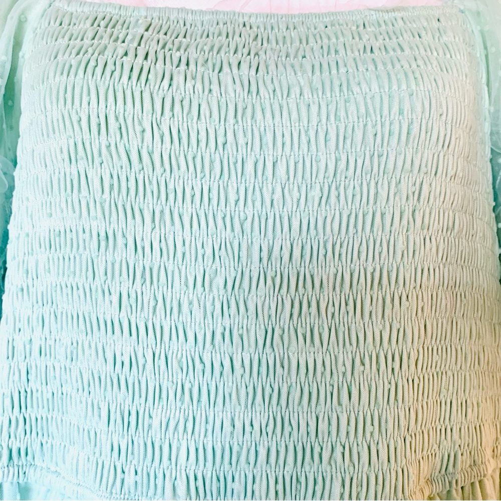 Polagram Mint Green Tulle Swiss Dot Smocked Tiered Dress. - Picture 7 of 16
